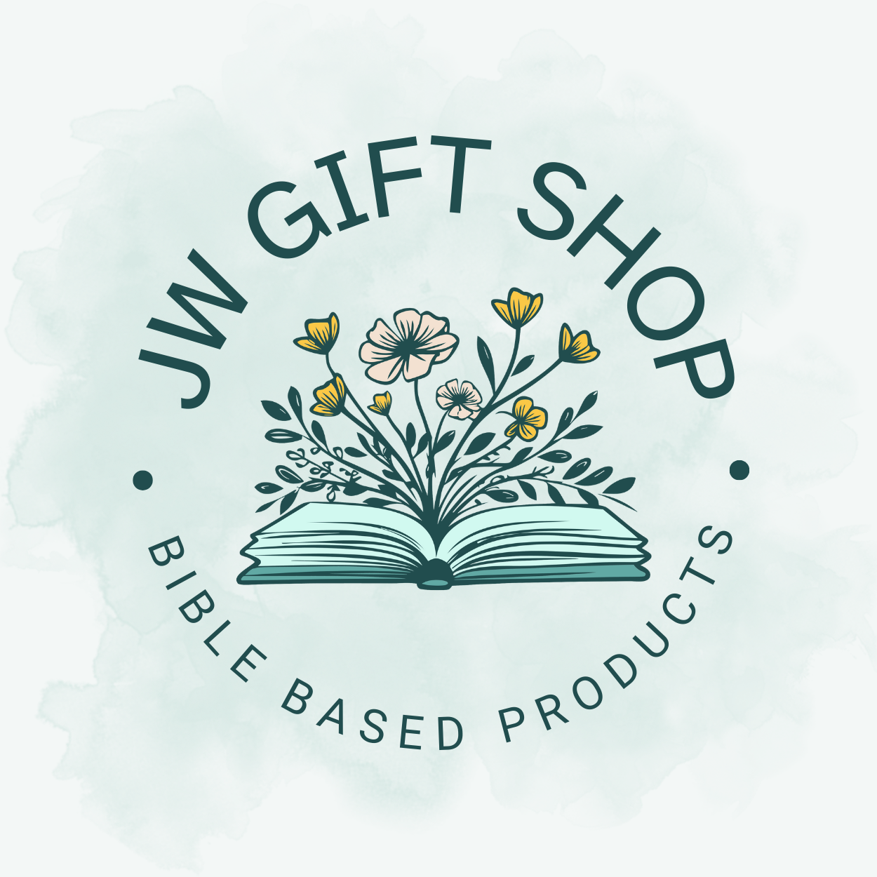 Logo of JW Gift Shop with an open book and floral design on a light blue background