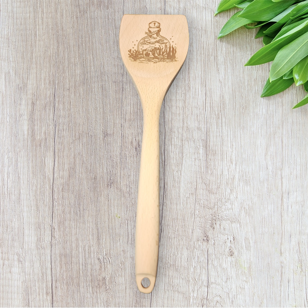 Cucharas de Cocina de Madera Grabadas - Naturaleza Tropical - Tortuga Marina en Tarro de Vidrio
