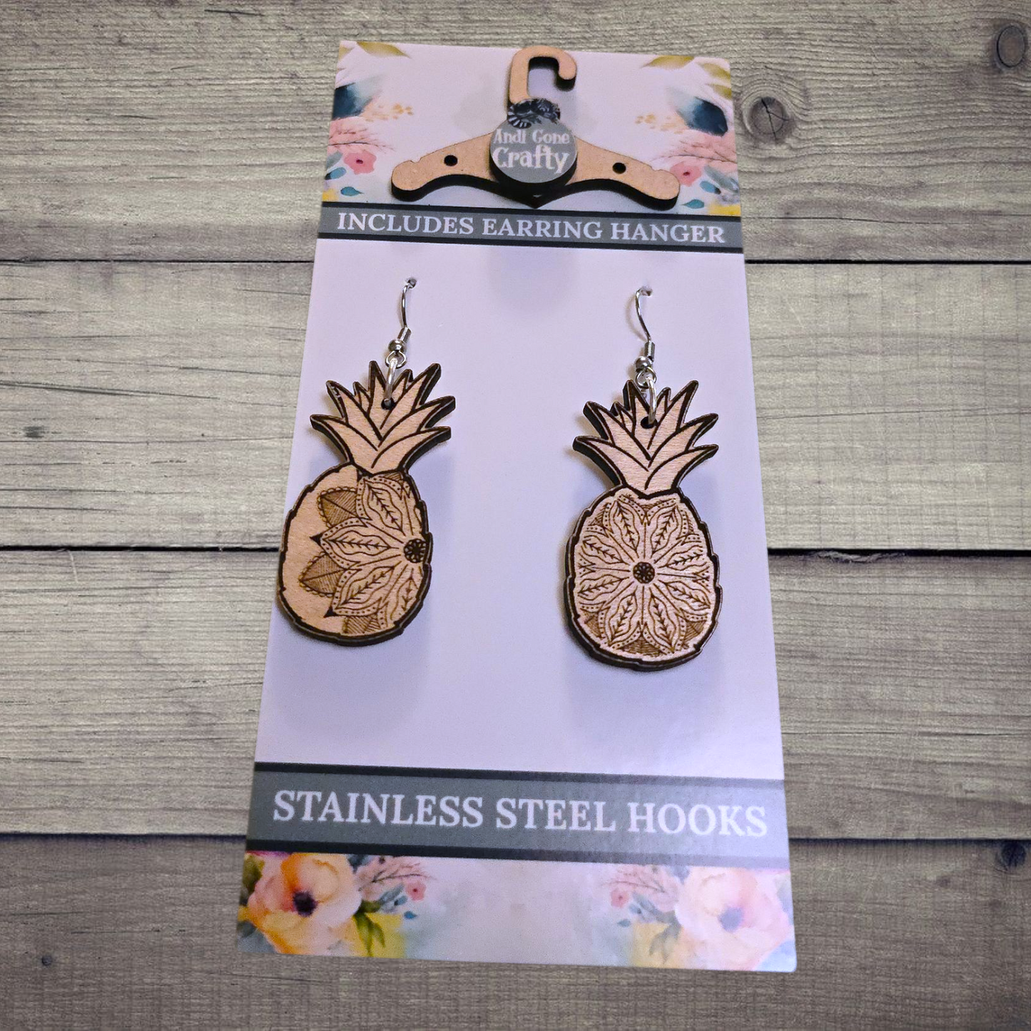 Pineapple - (Lightweight Wood and Stainless Steel Hooks) - Earring Number 300524