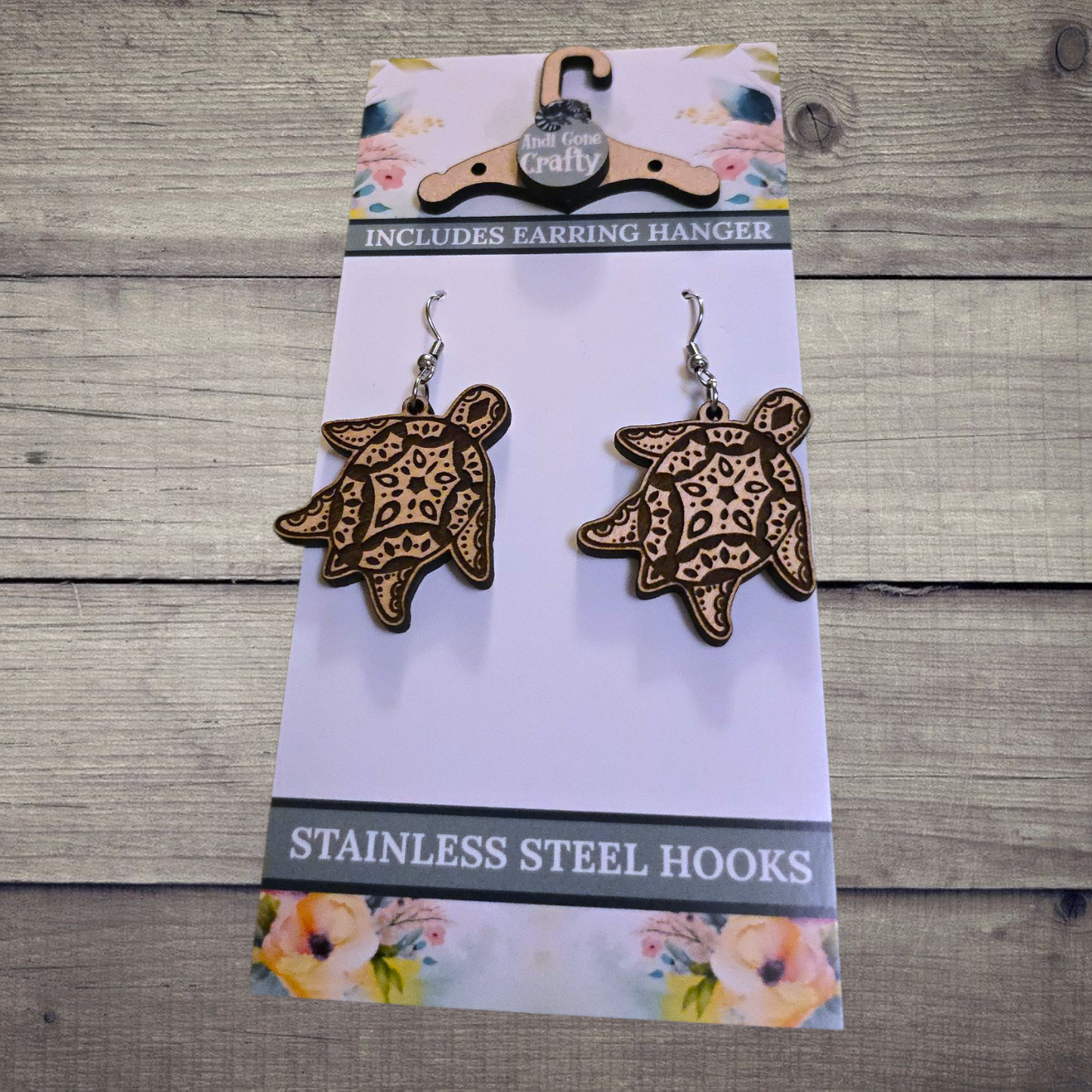 Sea Turtle - (Lightweight Wood and Stainless Steel Hooks) - Earring Number 300525