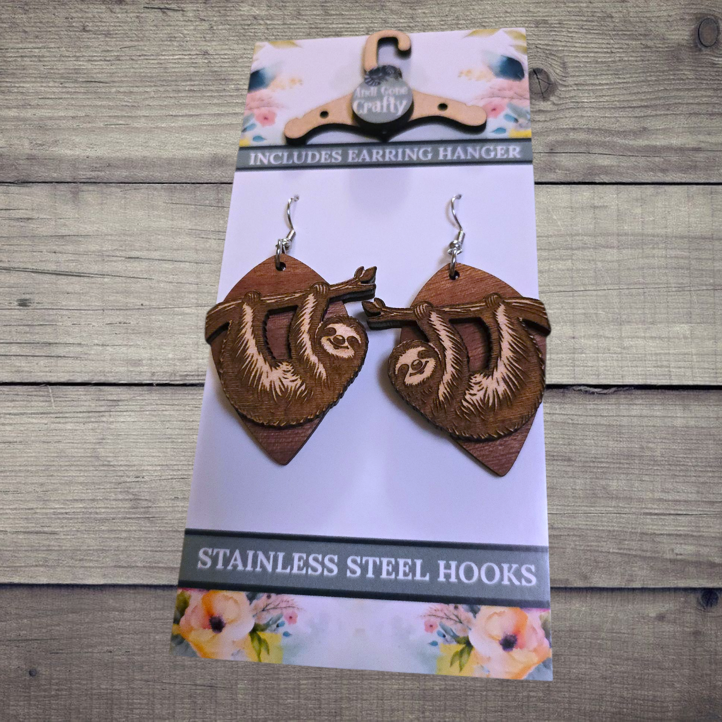 Sloth - (Lightweight Wood and Stainless Steel Hooks) - Earring Number 300527