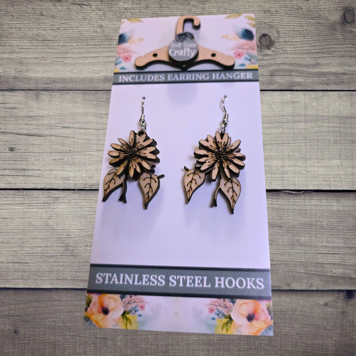 Flower - (Lightweight Wood and Stainless Steel Hooks) - Earring Number 300528
