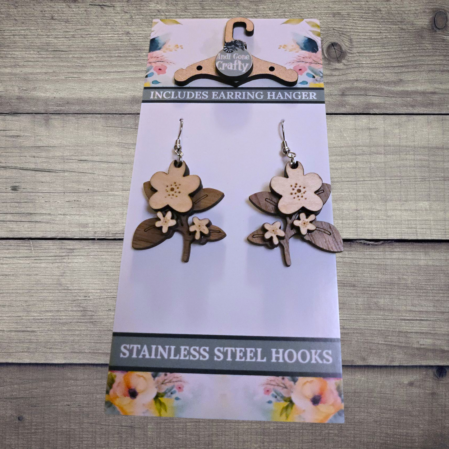 Flower - (Lightweight Wood and Stainless Steel Hooks) - Earring Number 300519