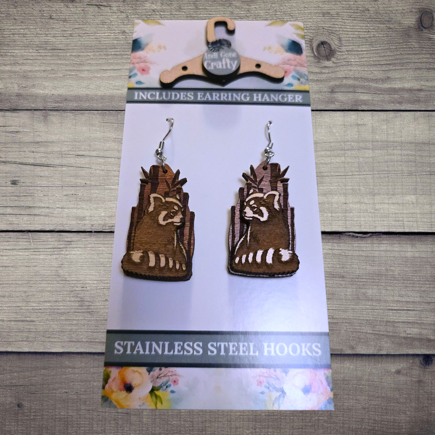 Red Panda Mock 1 - (Lightweight Wood and Stainless Steel Hooks) - Earring Number 300494