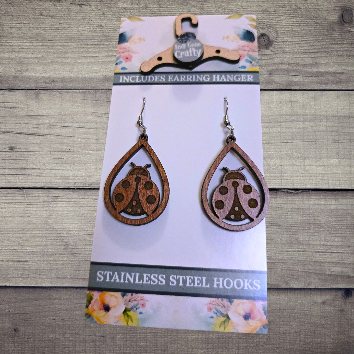 Lady Bug - (Lightweight Wood and Stainless Steel Hooks) - Earring Number 300495