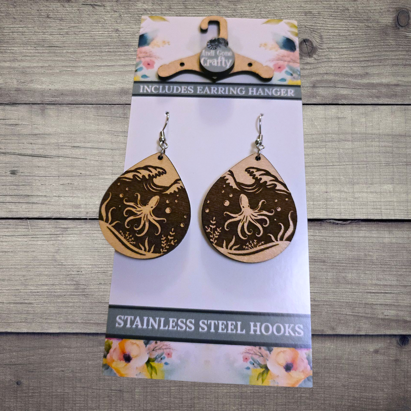 Octopus - (Lightweight Wood and Stainless Steel Hooks) - Earring Number 300496