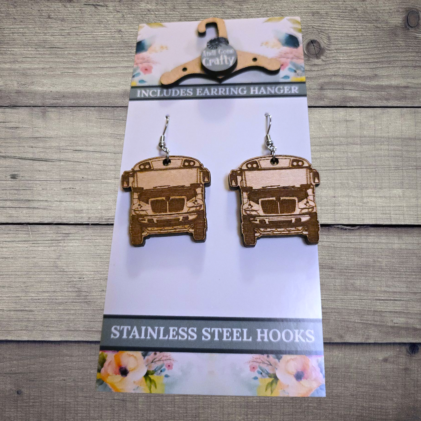 School Bus - (Lightweight Wood and Stainless Steel Hooks) - Earring Number 300502