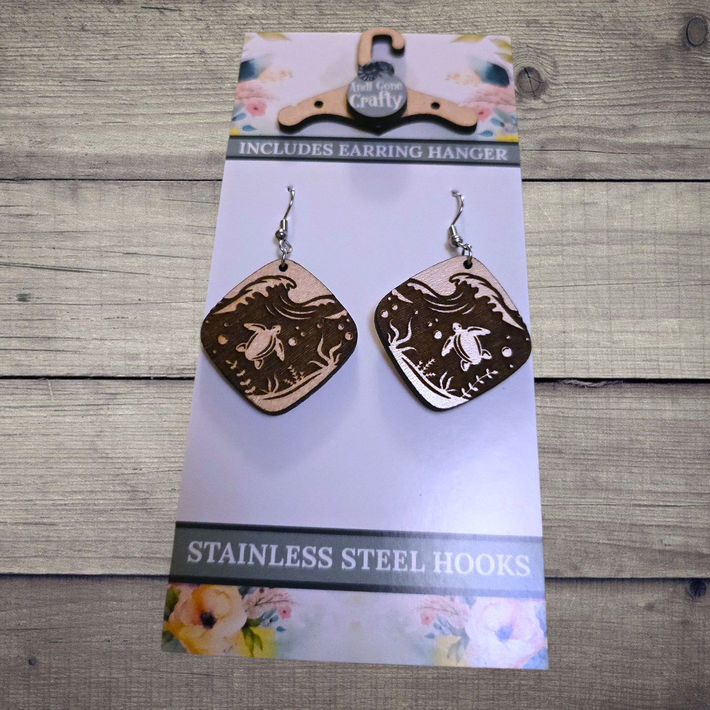 Sea Turtle - (Lightweight Wood and Stainless Steel Hooks) - Earring Number 300503