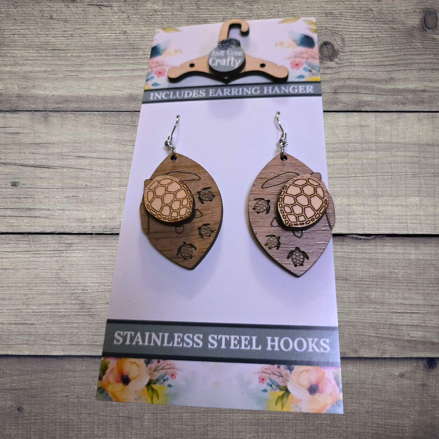 Sea Turtle - (Lightweight Wood and Stainless Steel Hooks) - Earring Number 300506