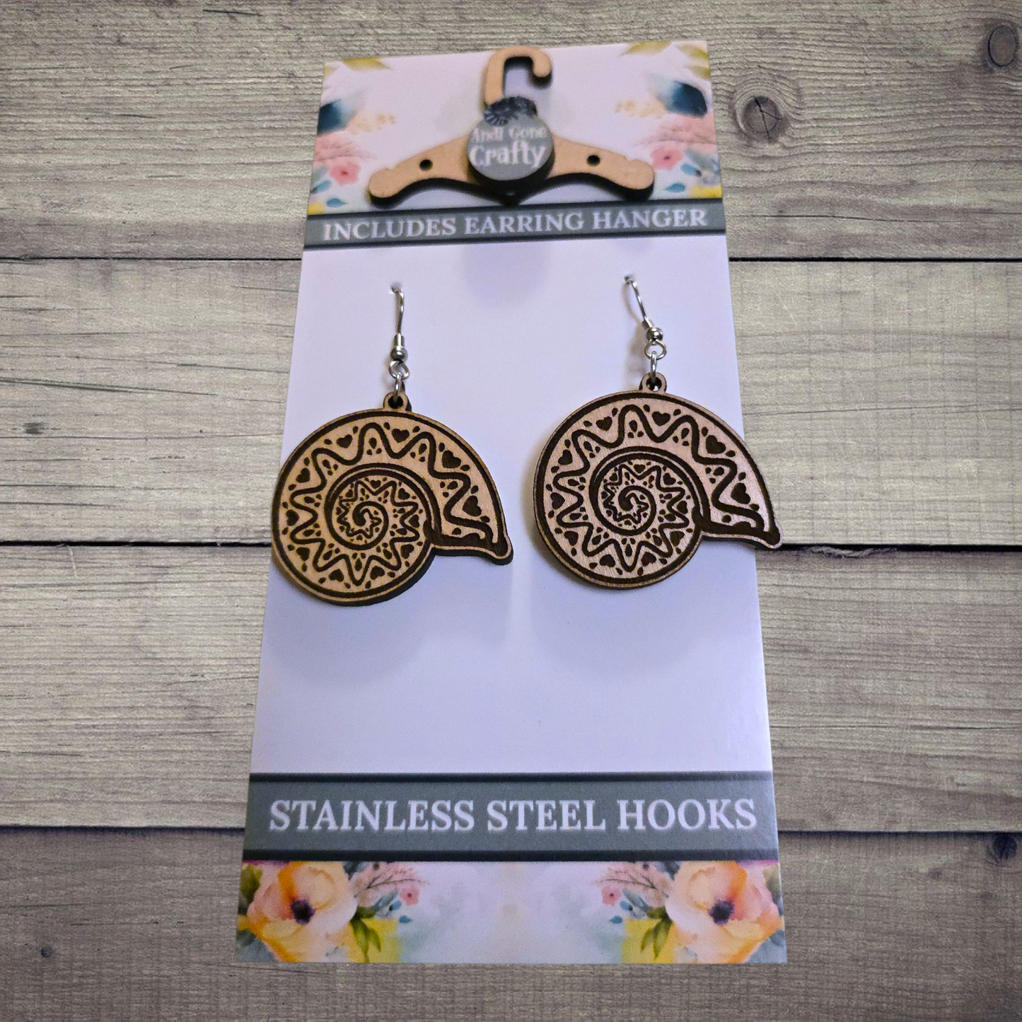 Shell - (Lightweight Wood and Stainless Steel Hooks) - Earring Number 300509