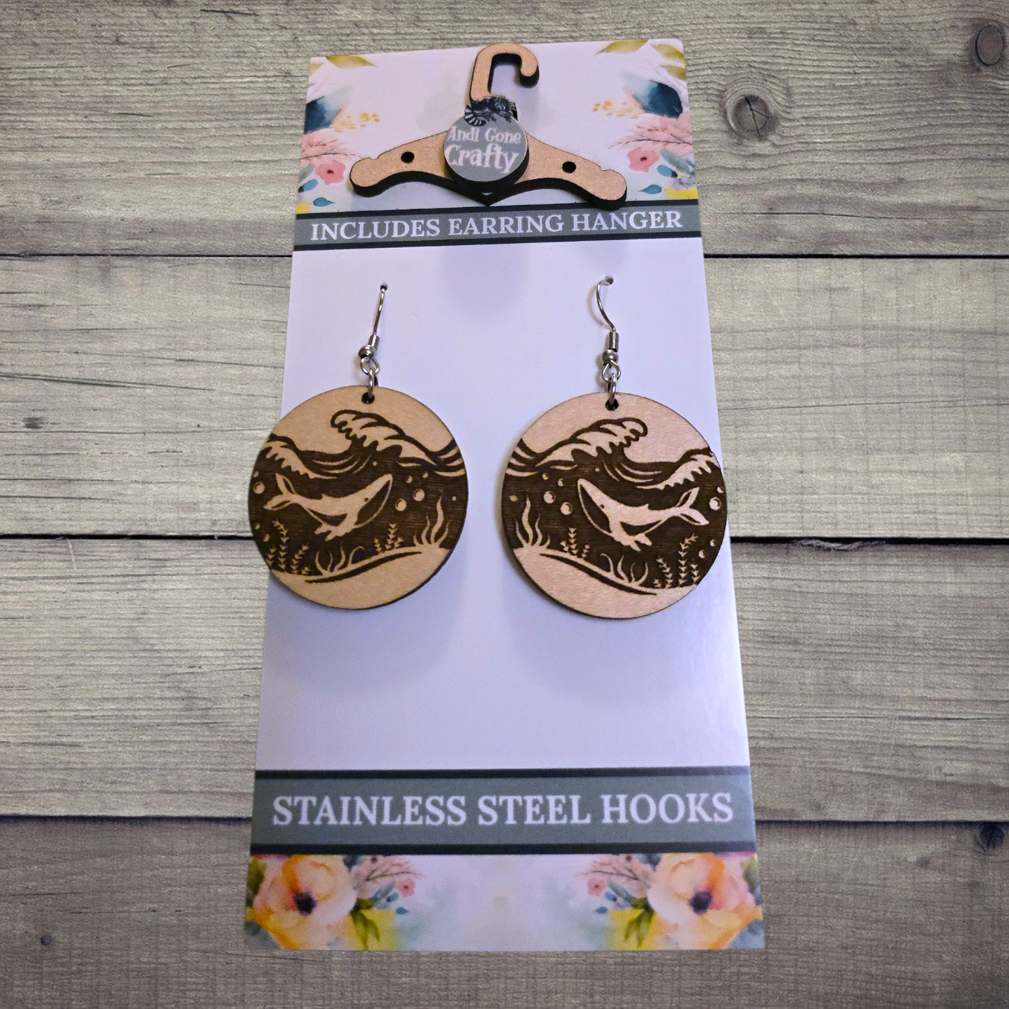 Whale - (Lightweight Wood and Stainless Steel Hooks) - Earring Number 300510