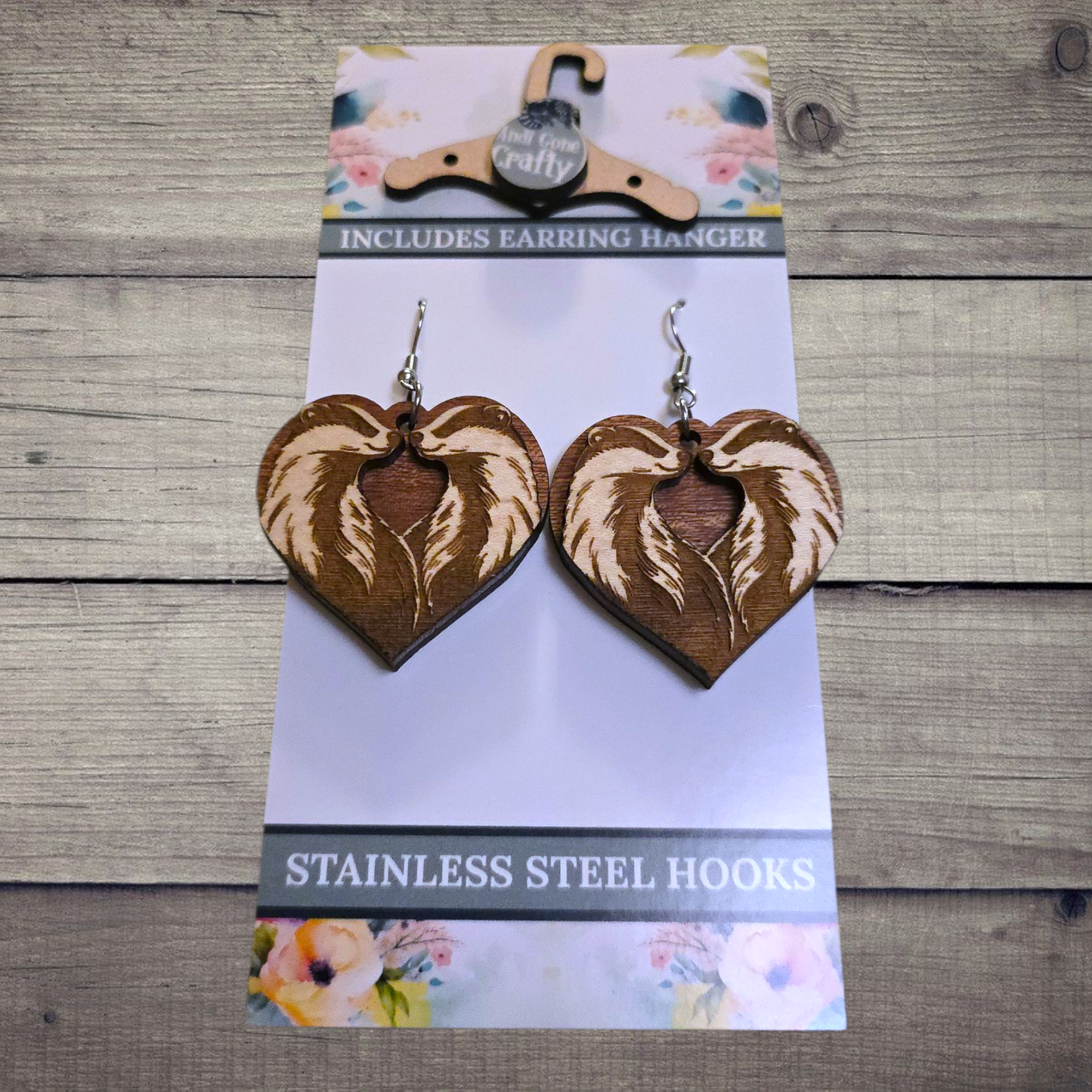 Badger Love - (Lightweight Wood and Stainless Steel Hooks) - Earring Number 300515