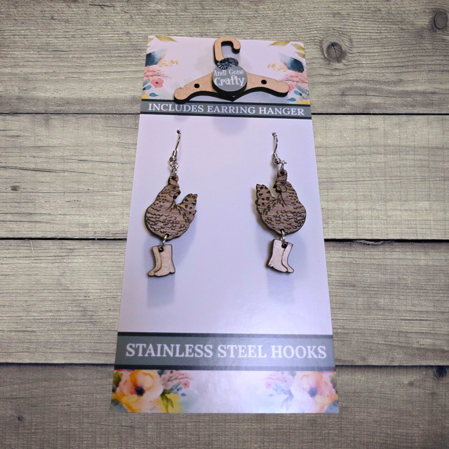 Chicken in Rain Boots - (Lightweight Wood and Stainless Steel Hooks) - Earring Number 300470