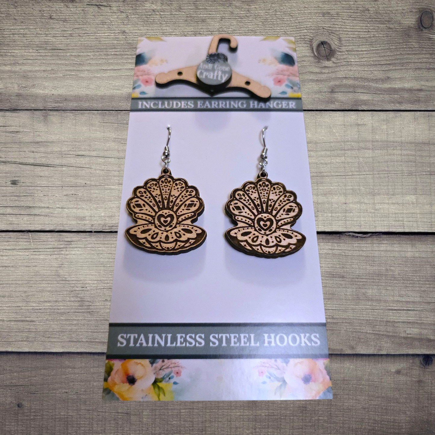 Shell - (Lightweight Wood and Stainless Steel Hooks) - Earring Number 300472