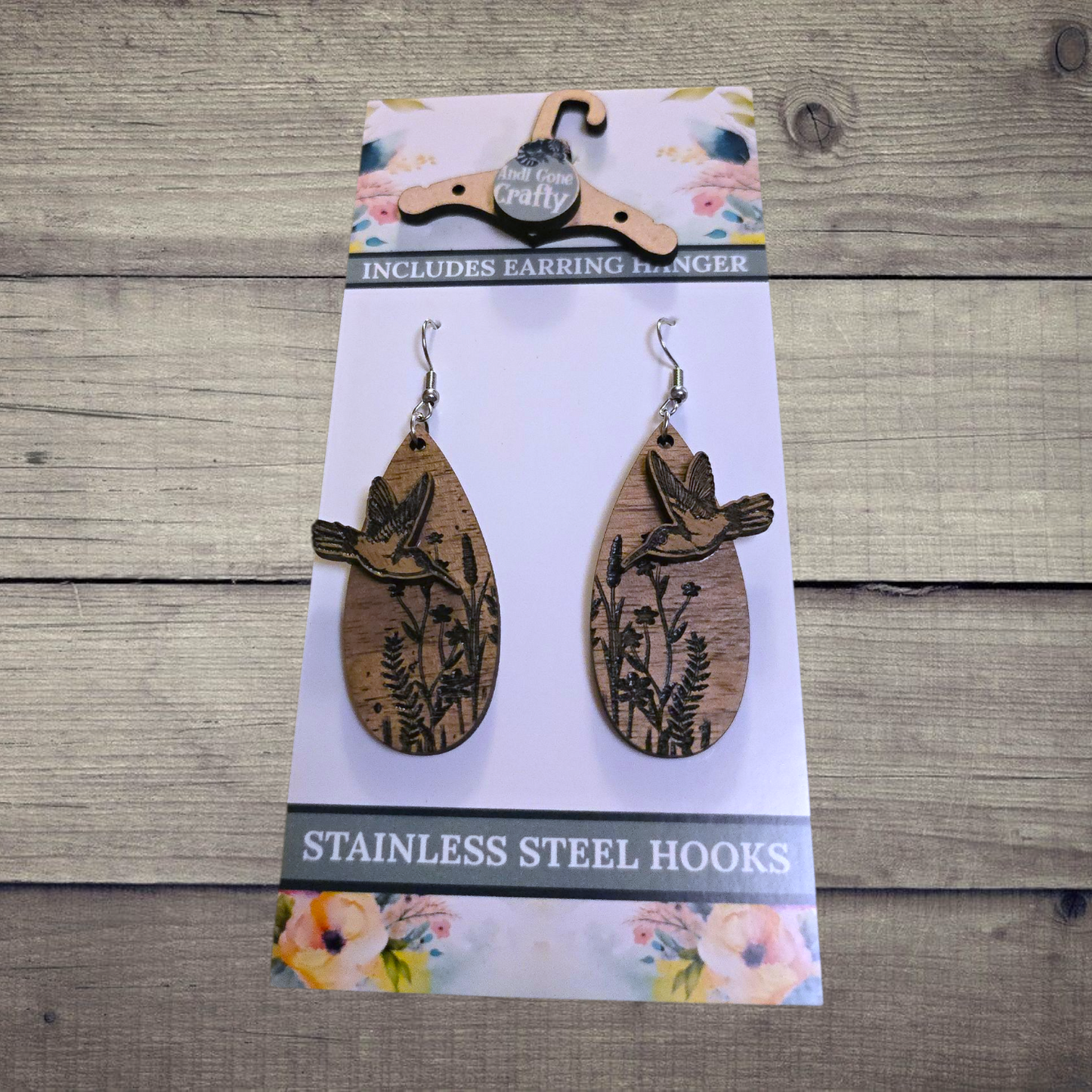 Hummingbird - (Lightweight Wood and Stainless Steel Hooks) - Earring Number 300473