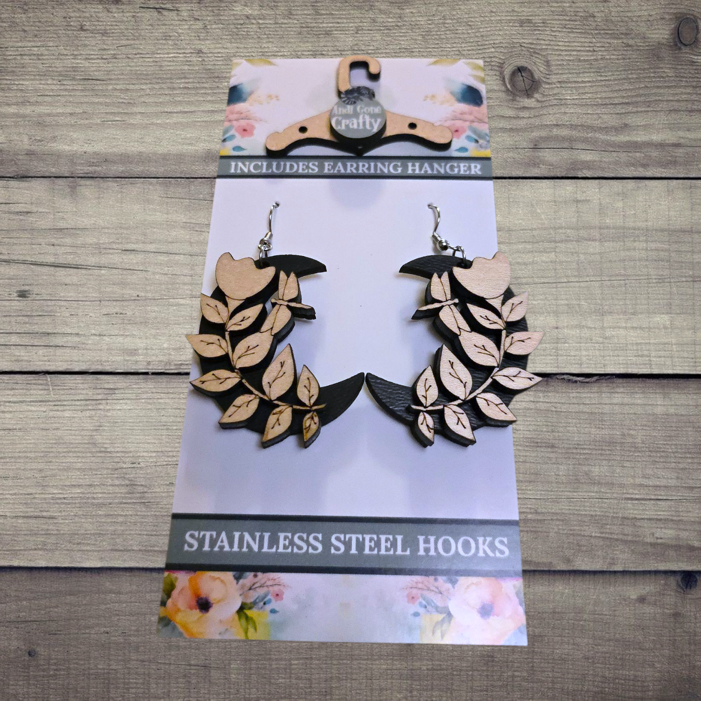 Moon - (Lightweight Wood and Stainless Steel Hooks) - Earring Number 300463