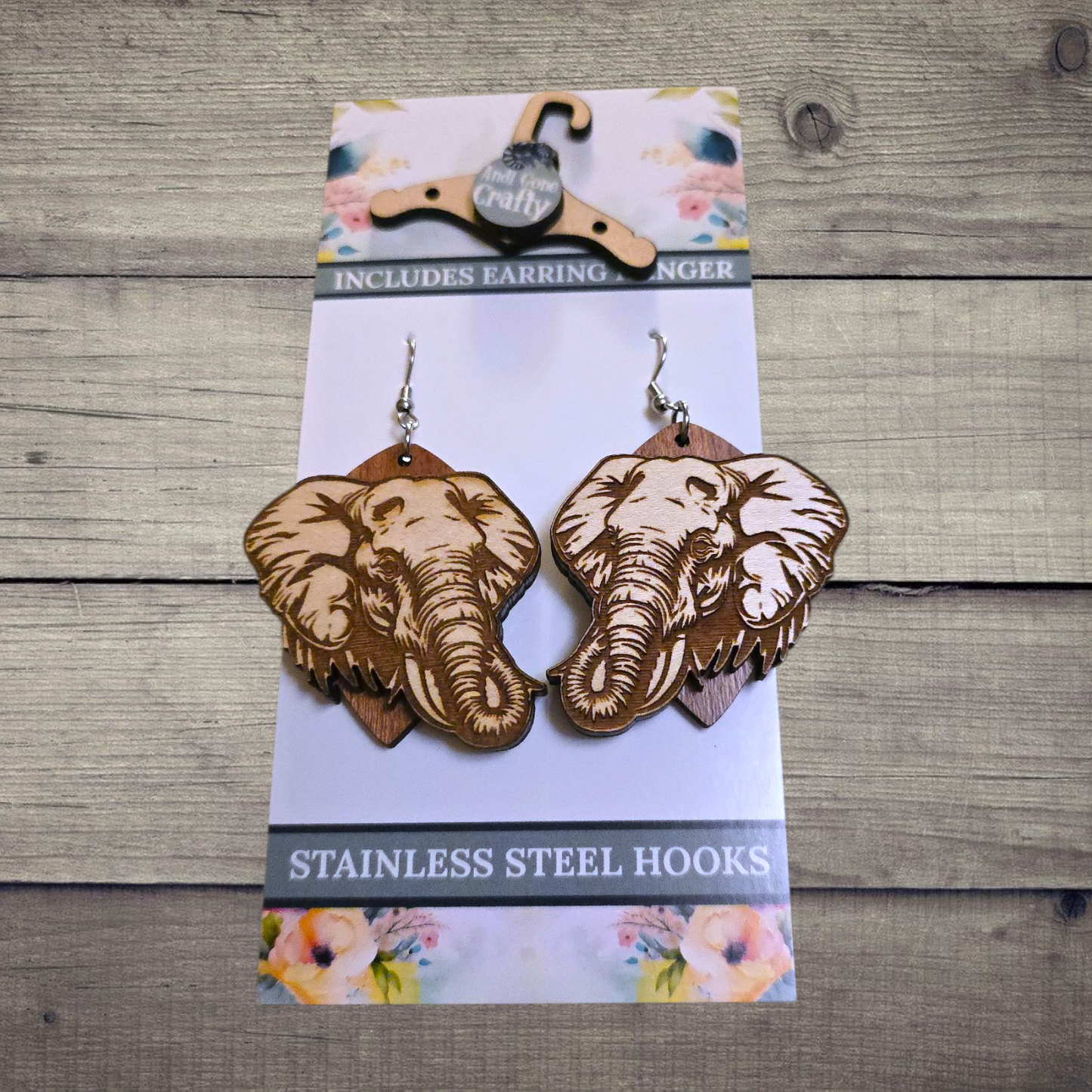Elephant - (Lightweight Wood and Stainless Steel Hooks) - Earring Number 300465
