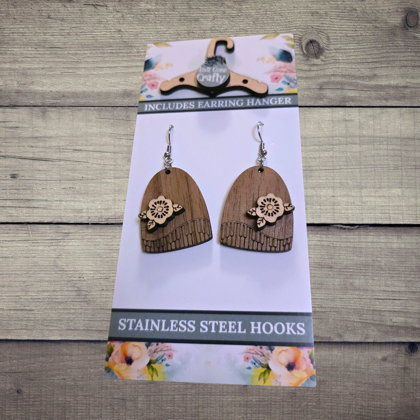 Music Piano - (Lightweight Wood and Stainless Steel Hooks) - Earring Number 300448