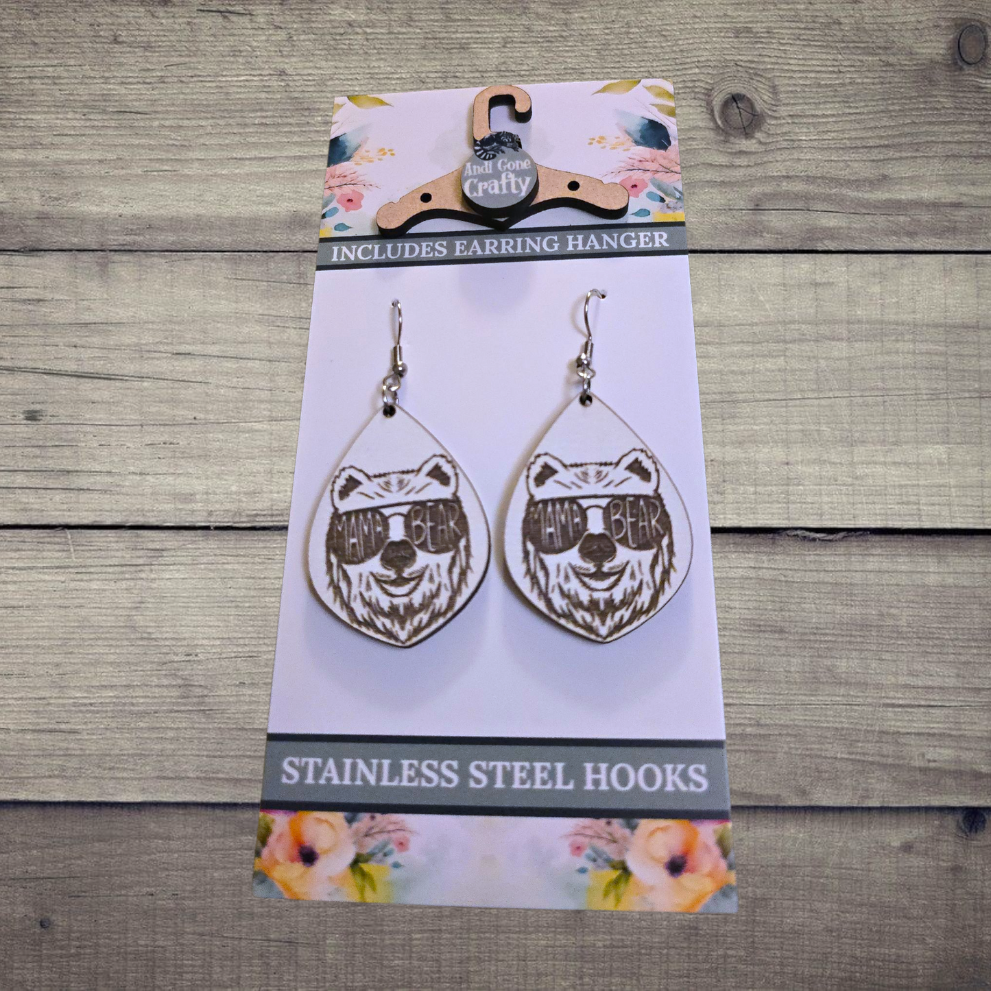 Mama Bear - (Lightweight Wood and Stainless Steel Hooks) - Earring Number 300449