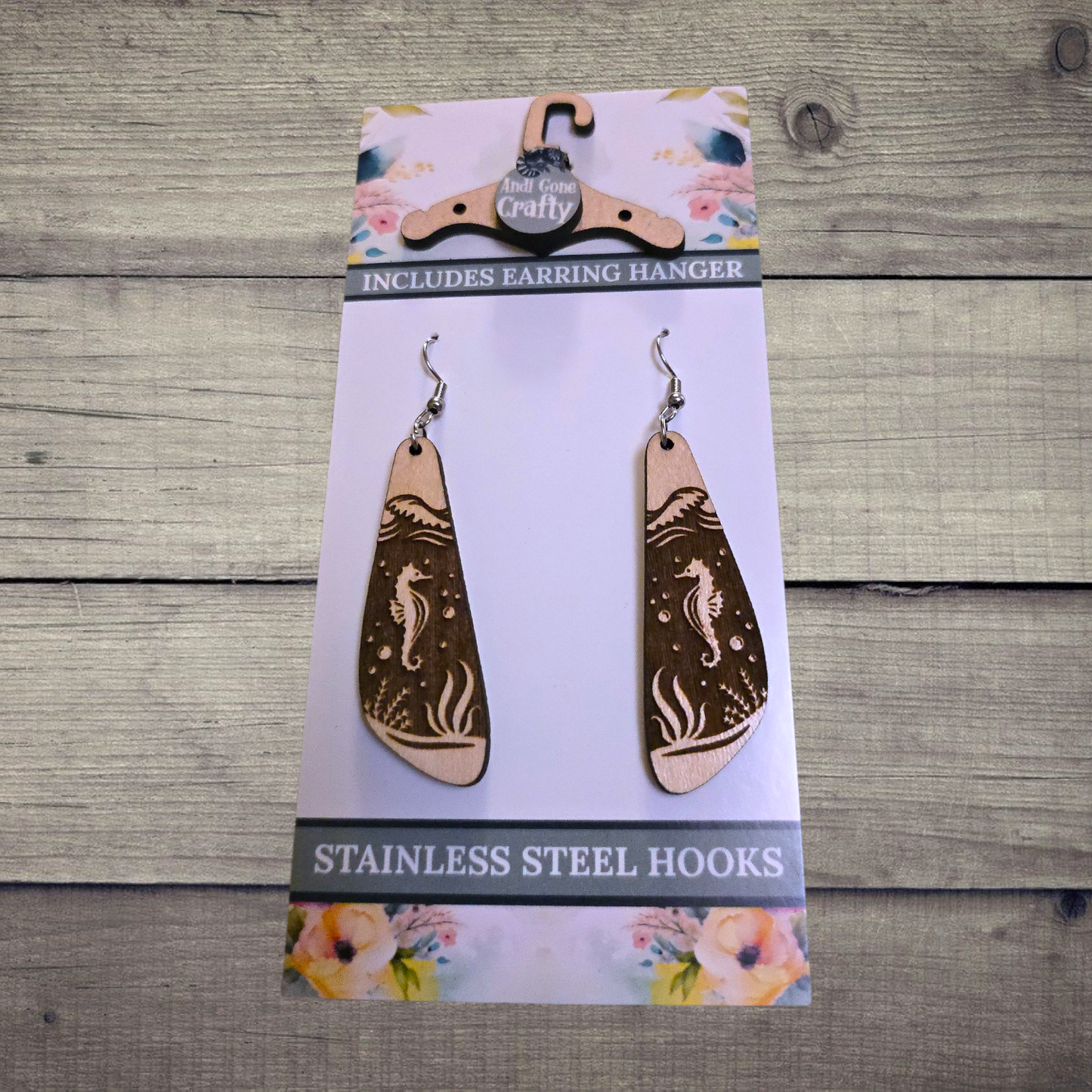 Sea Horse - (Lightweight Wood and Stainless Steel Hooks) - Earring Number 300500