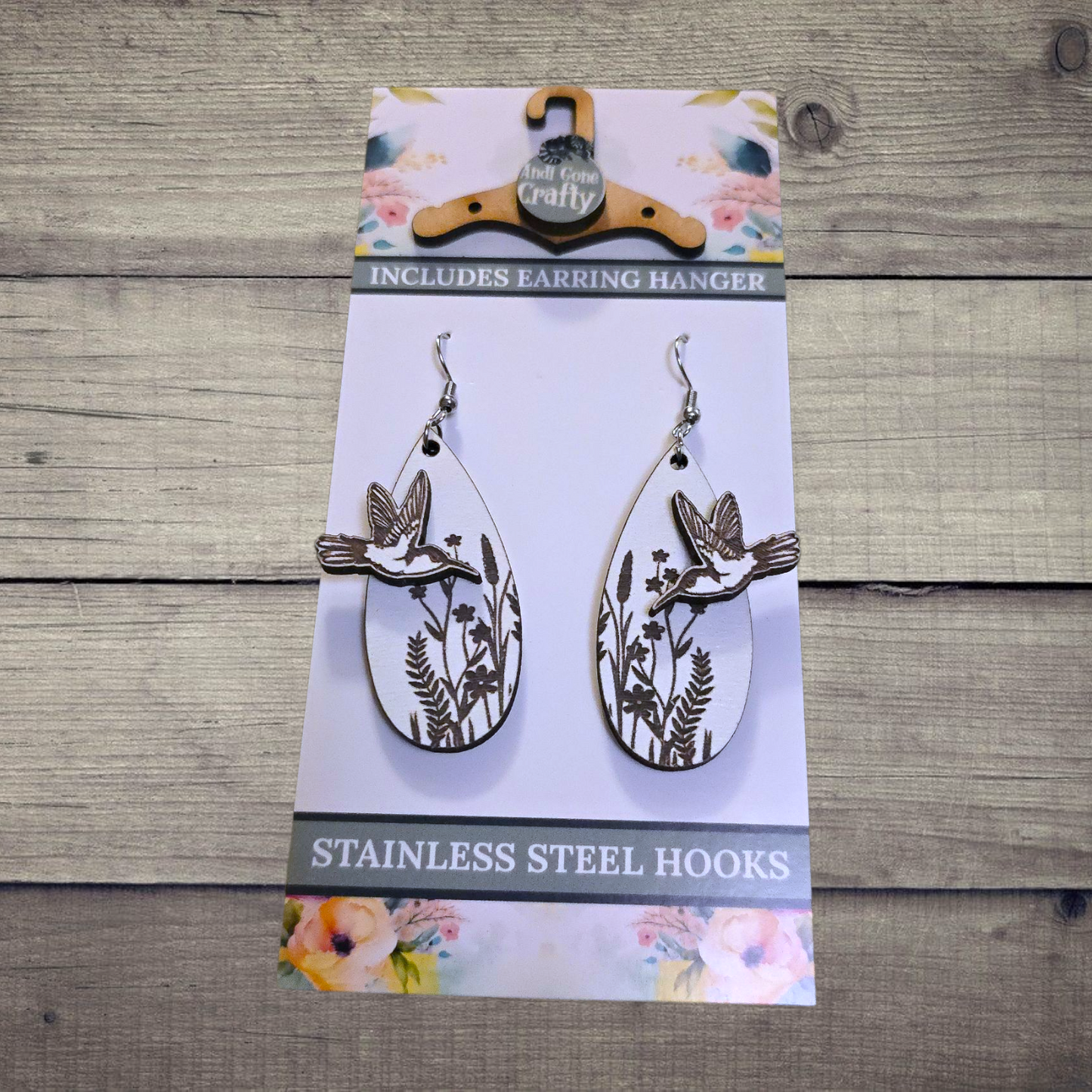 Hummingbird - (Lightweight Wood and Stainless Steel Hooks) - Earring Number 300455