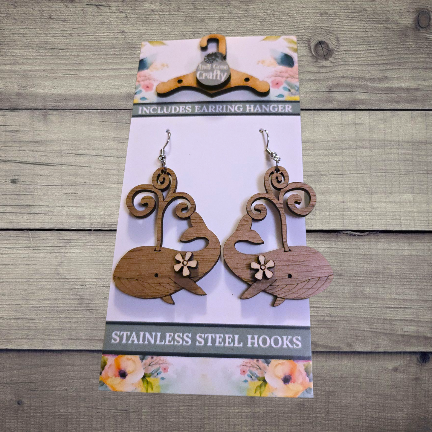 Whale - (Lightweight Wood and Stainless Steel Hooks) - Earring Number 300457