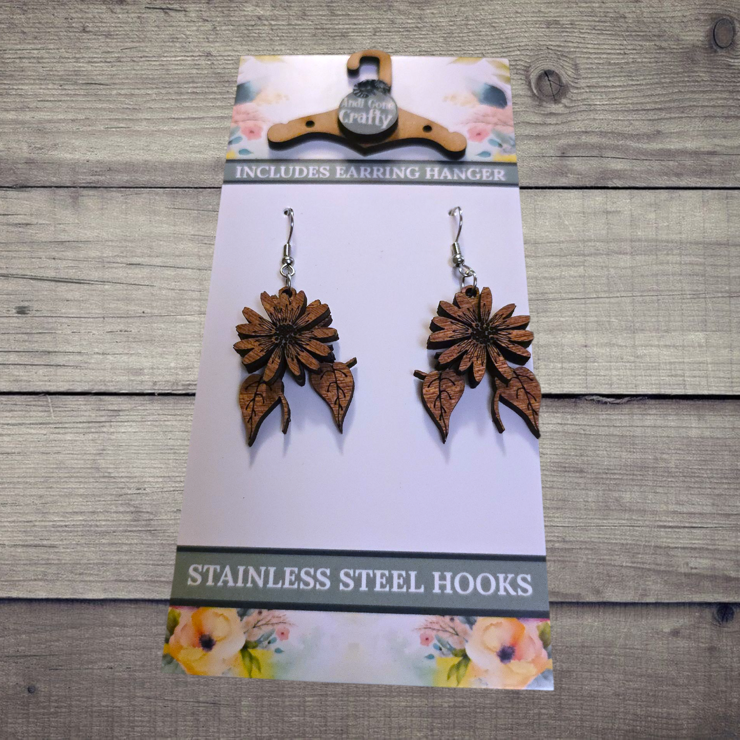 Flower - (Lightweight Wood and Stainless Steel Hooks) - Earring Number 300409
