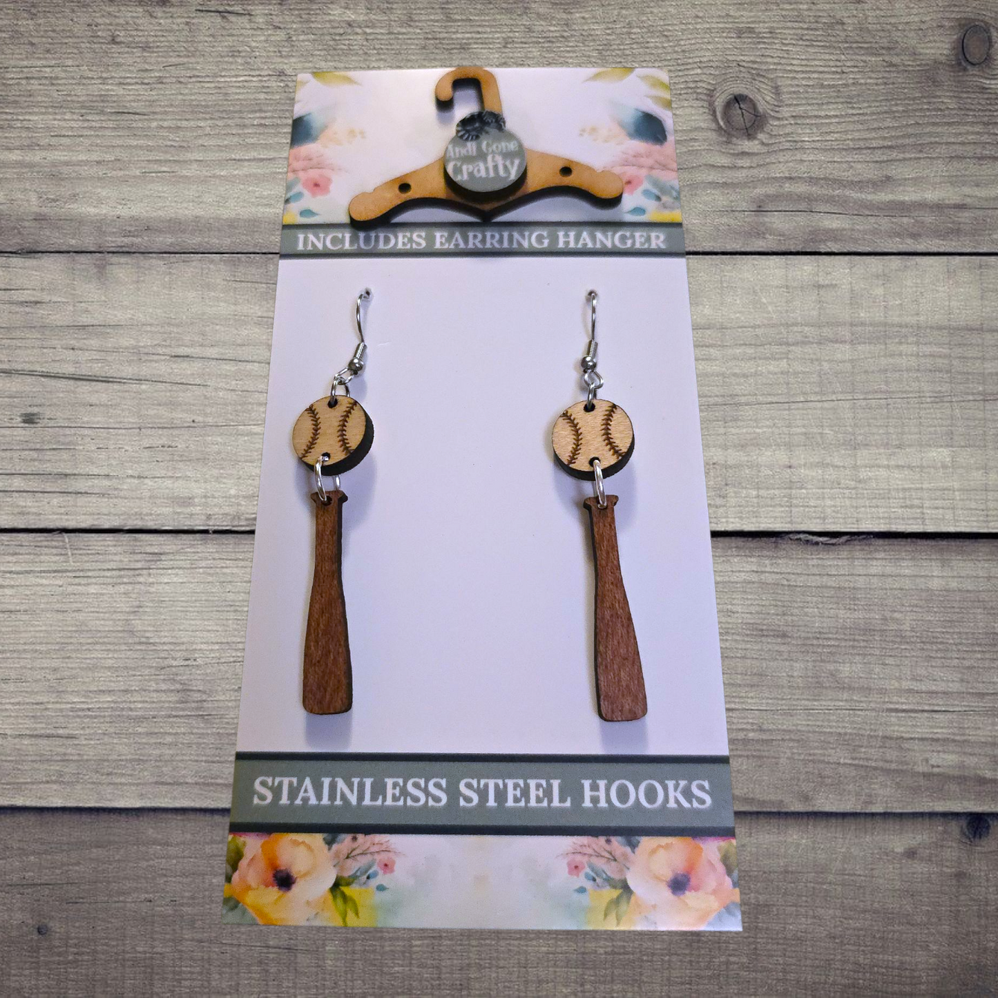 Baseball - (Lightweight Wood and Stainless Steel Hooks) - Earring Number 300413