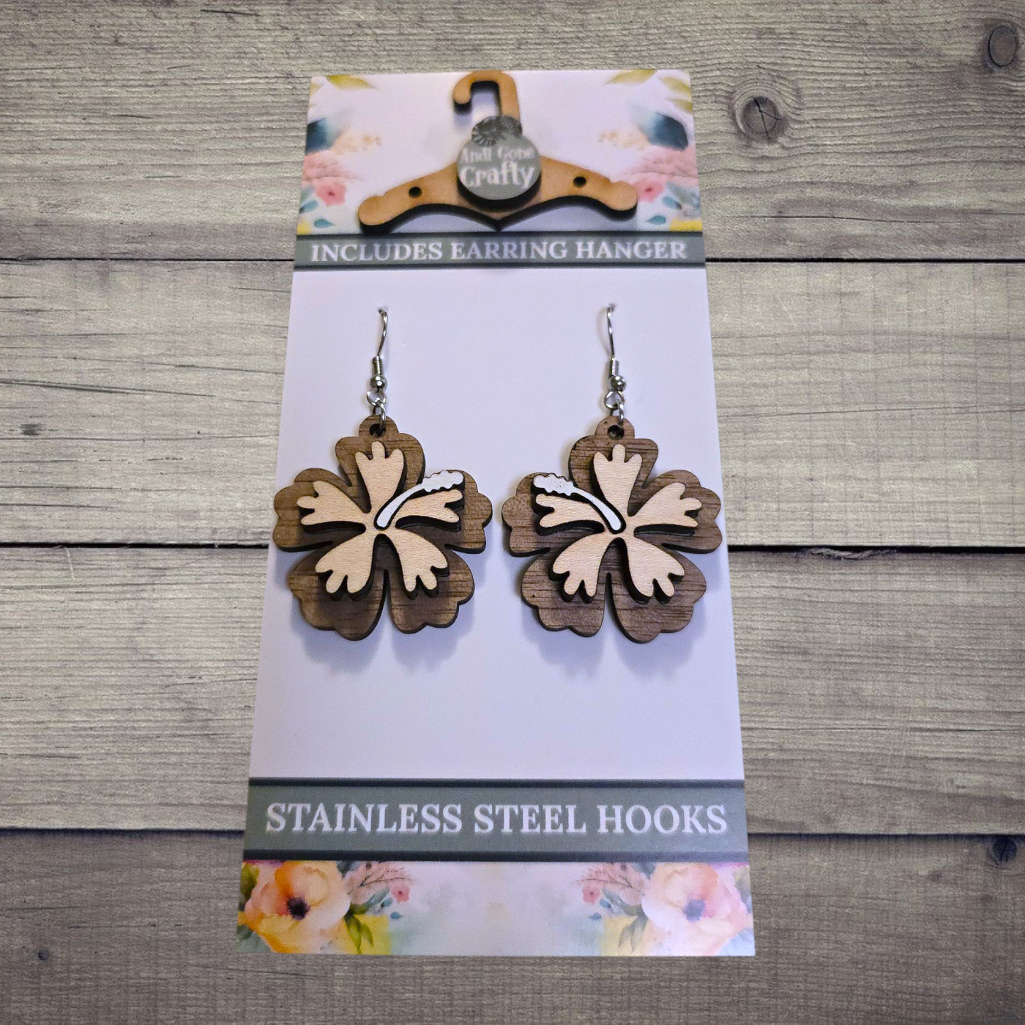 Flower - (Lightweight Wood and Stainless Steel Hooks) - Earring Number 300419