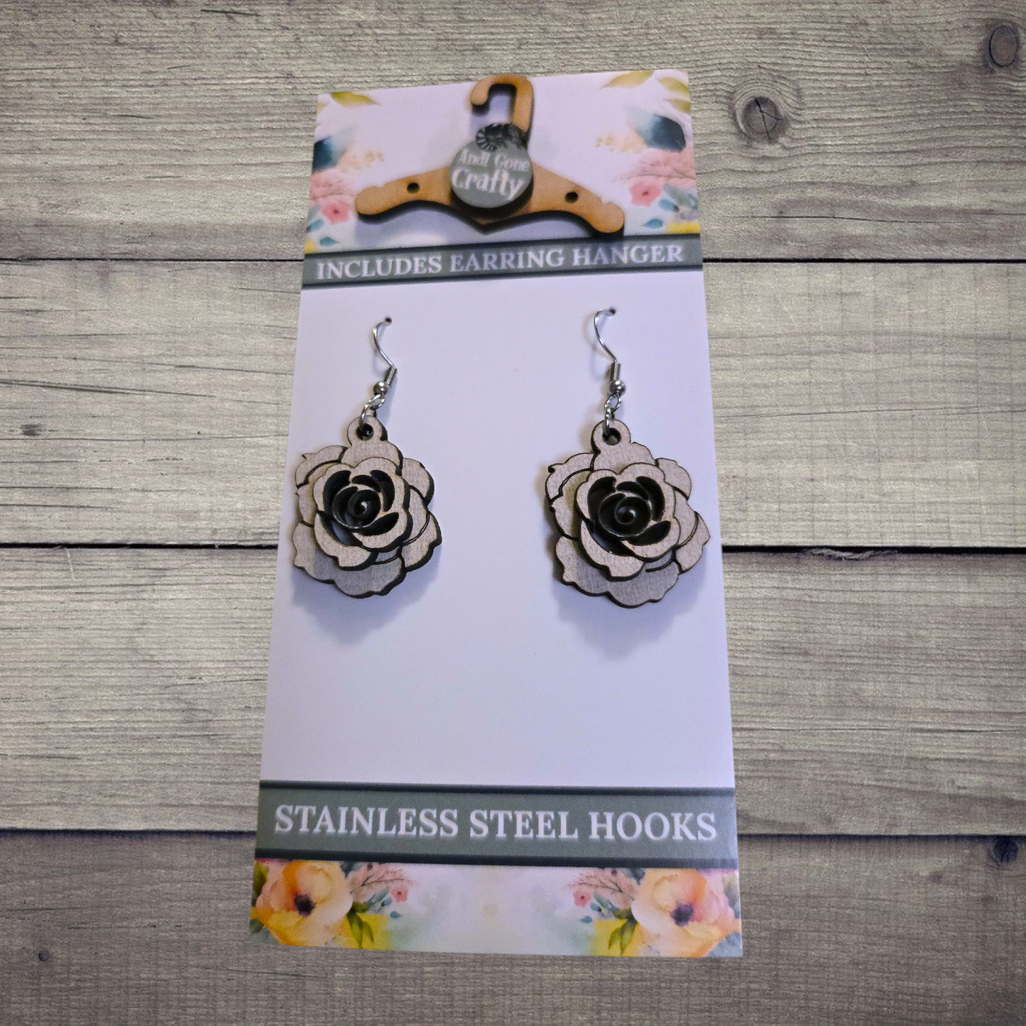 Flower - (Lightweight Wood and Stainless Steel Hooks) - Earring Number 300420