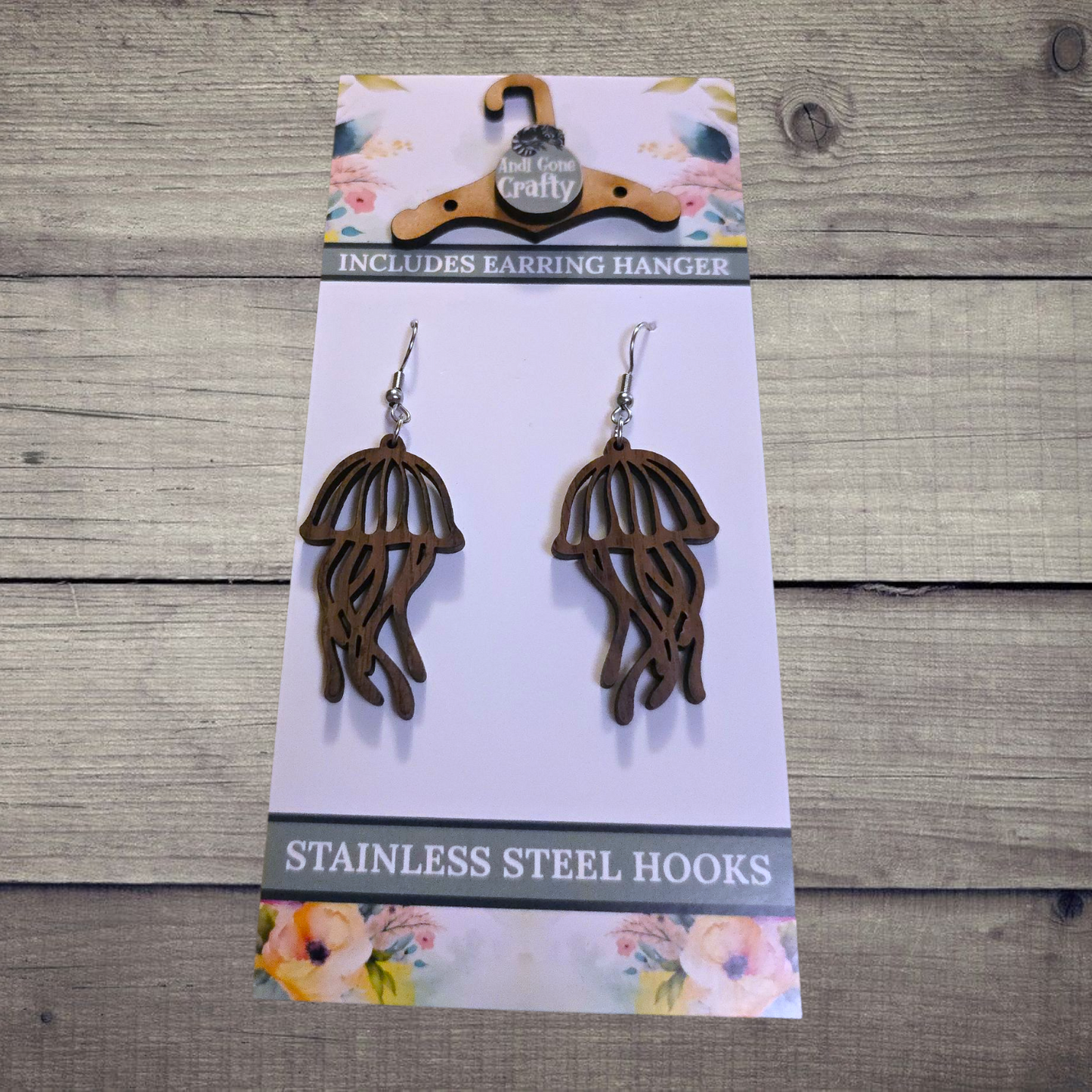 Jellyfish - (Lightweight Wood and Stainless Steel Hooks) - Earring Number 300421
