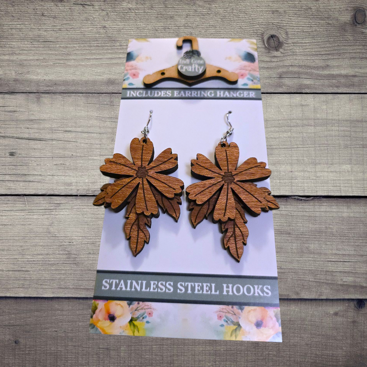 Flower - (Lightweight Wood and Stainless Steel Hooks) - Earring Number 300393