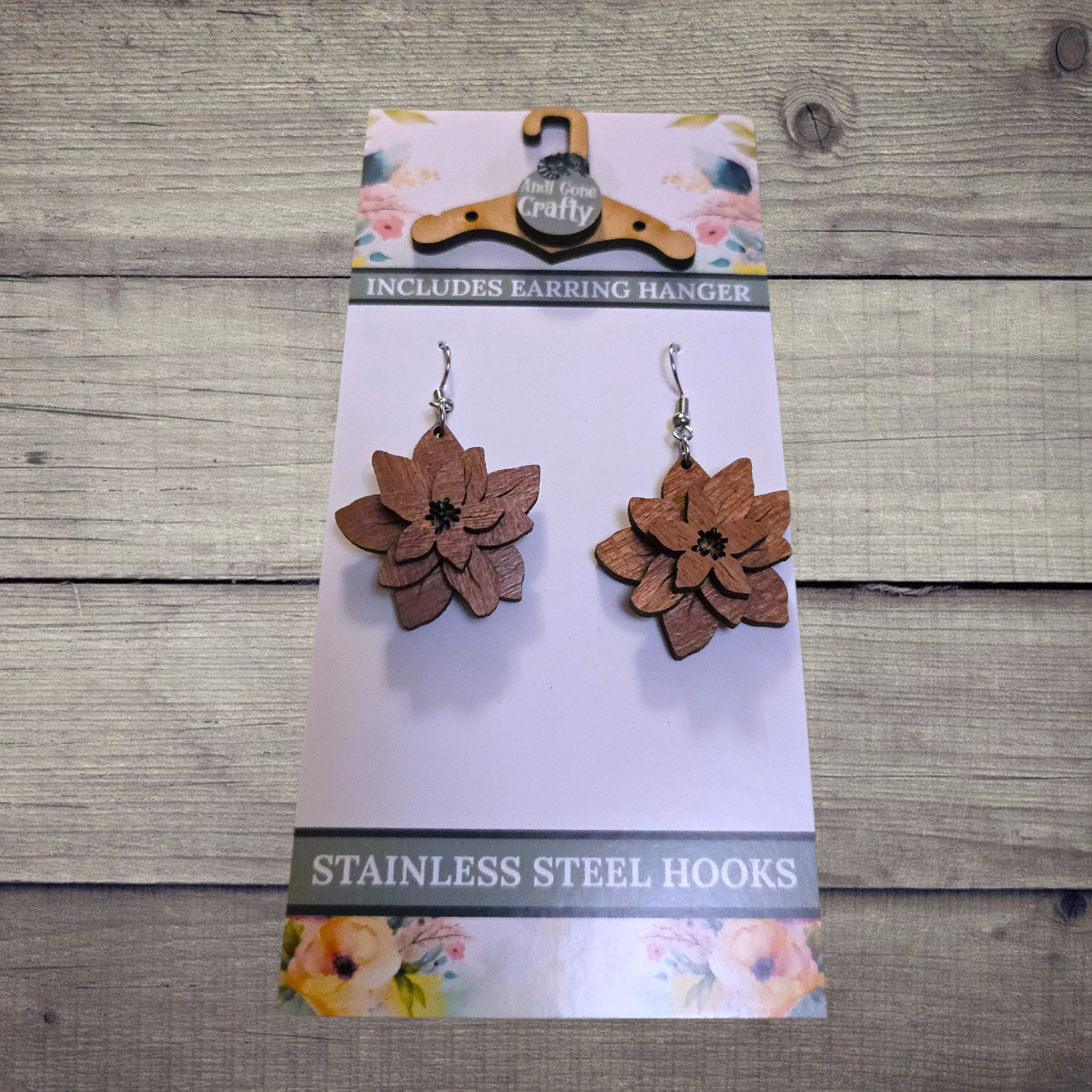 Flower - (Lightweight Wood and Stainless Steel Hooks) - Earring Number 300394