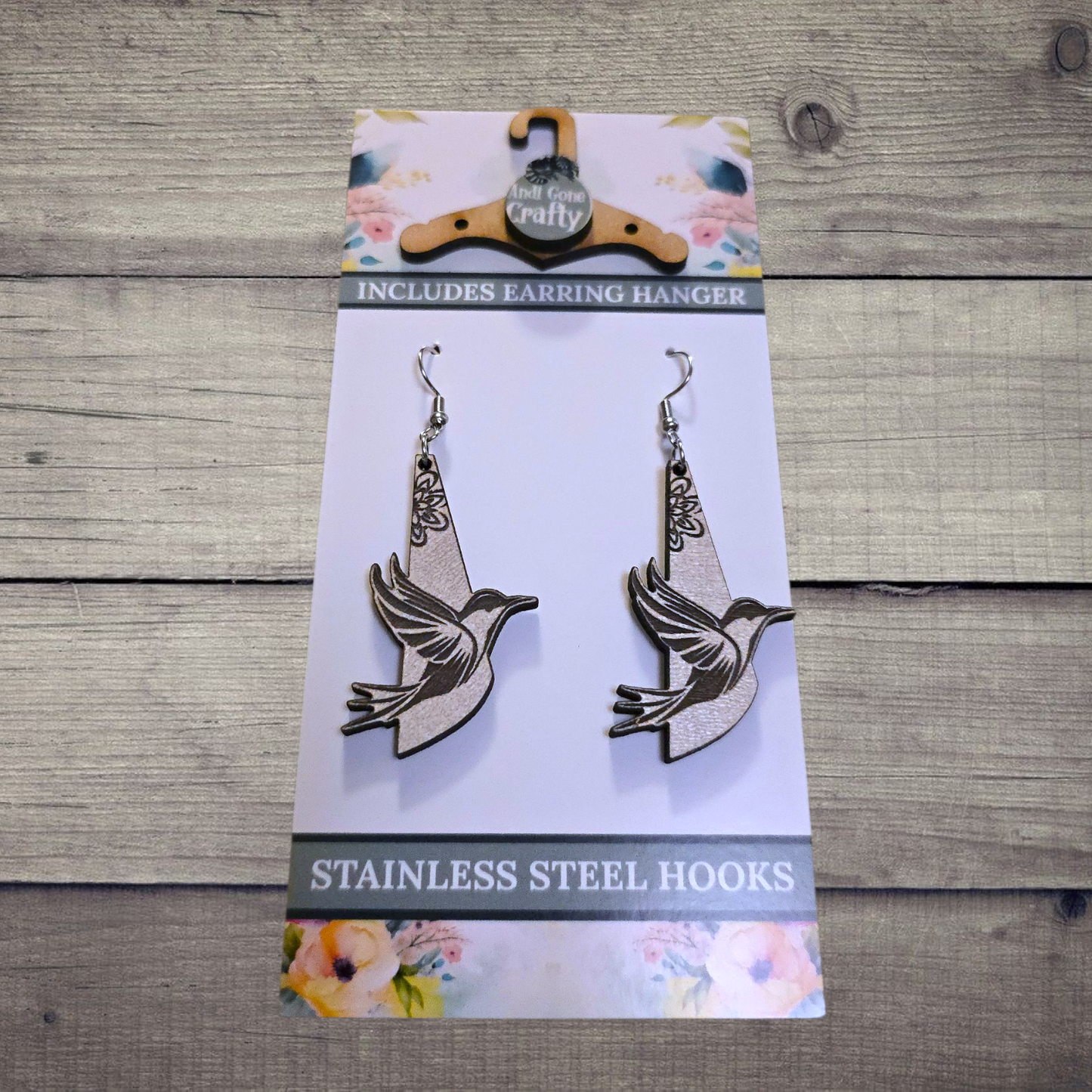 Hummingbird - (Lightweight Wood and Stainless Steel Hooks) - Earring Number 300362