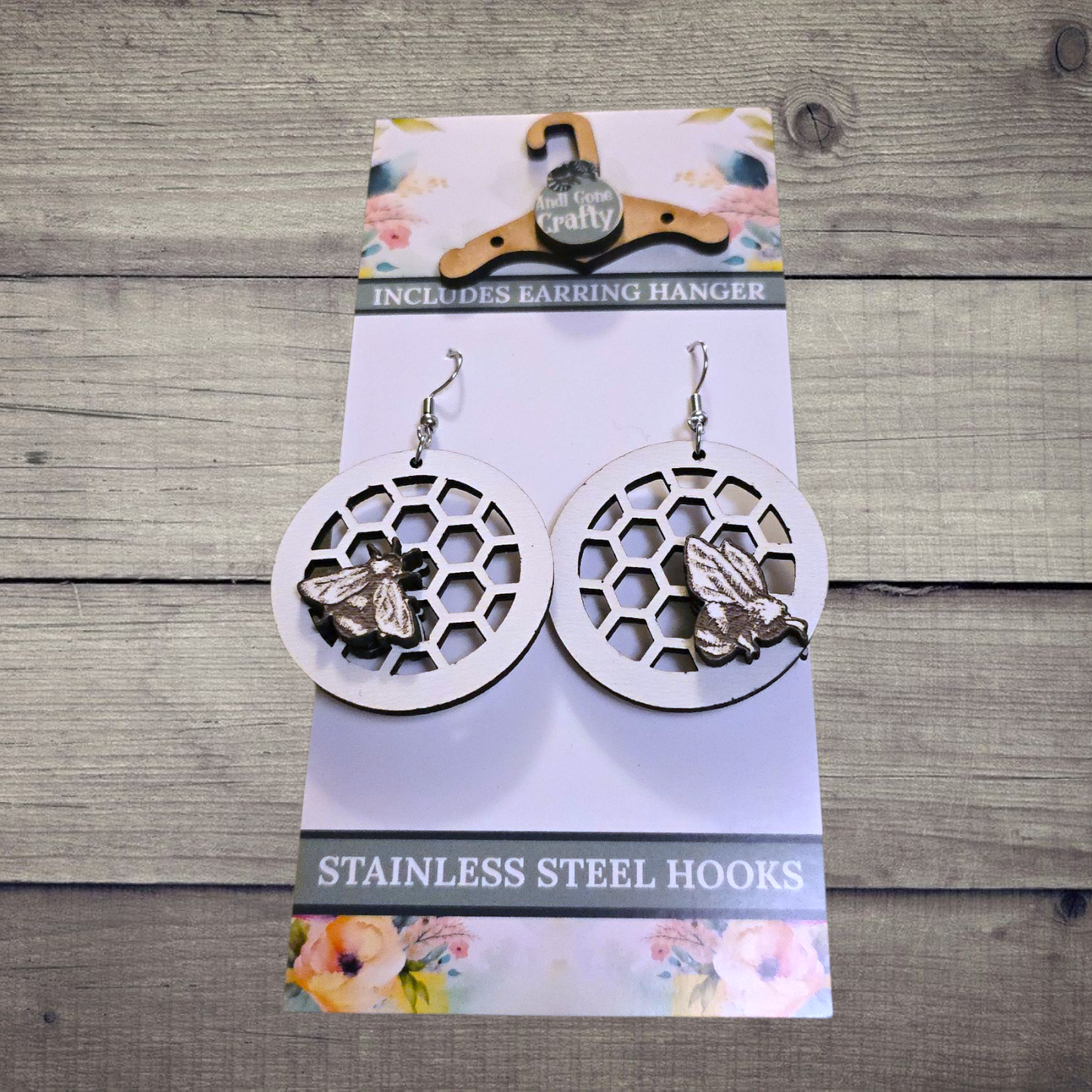 Bee - (Lightweight Wood and Stainless Steel Hooks) - Earring Number 300368