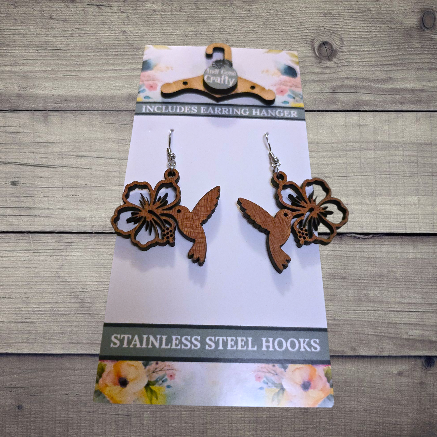 Hummingbird - (Lightweight Wood and Stainless Steel Hooks) - Earring Number 300373
