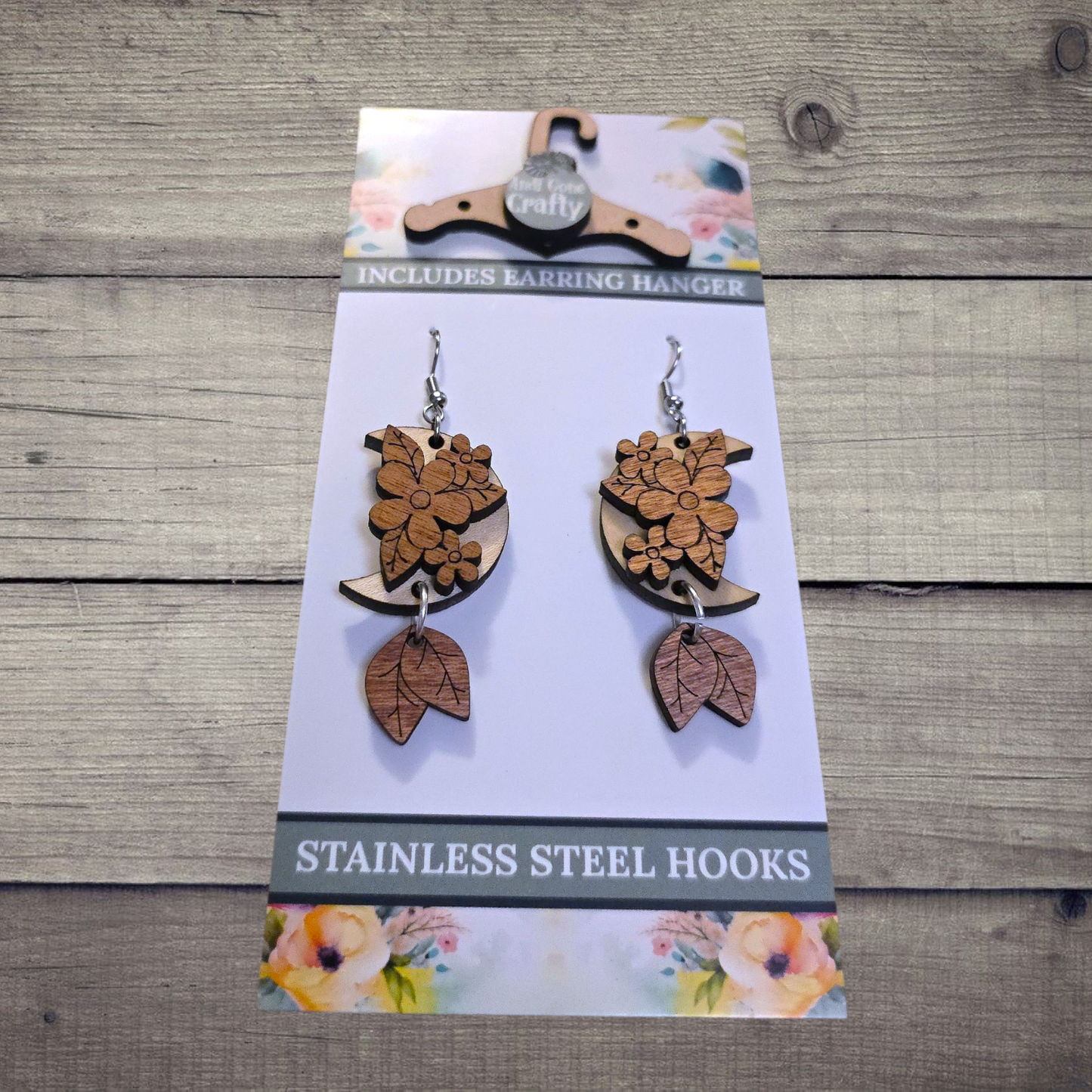 Moon - (Lightweight Wood and Stainless Steel Hooks) - Earring Number 300380