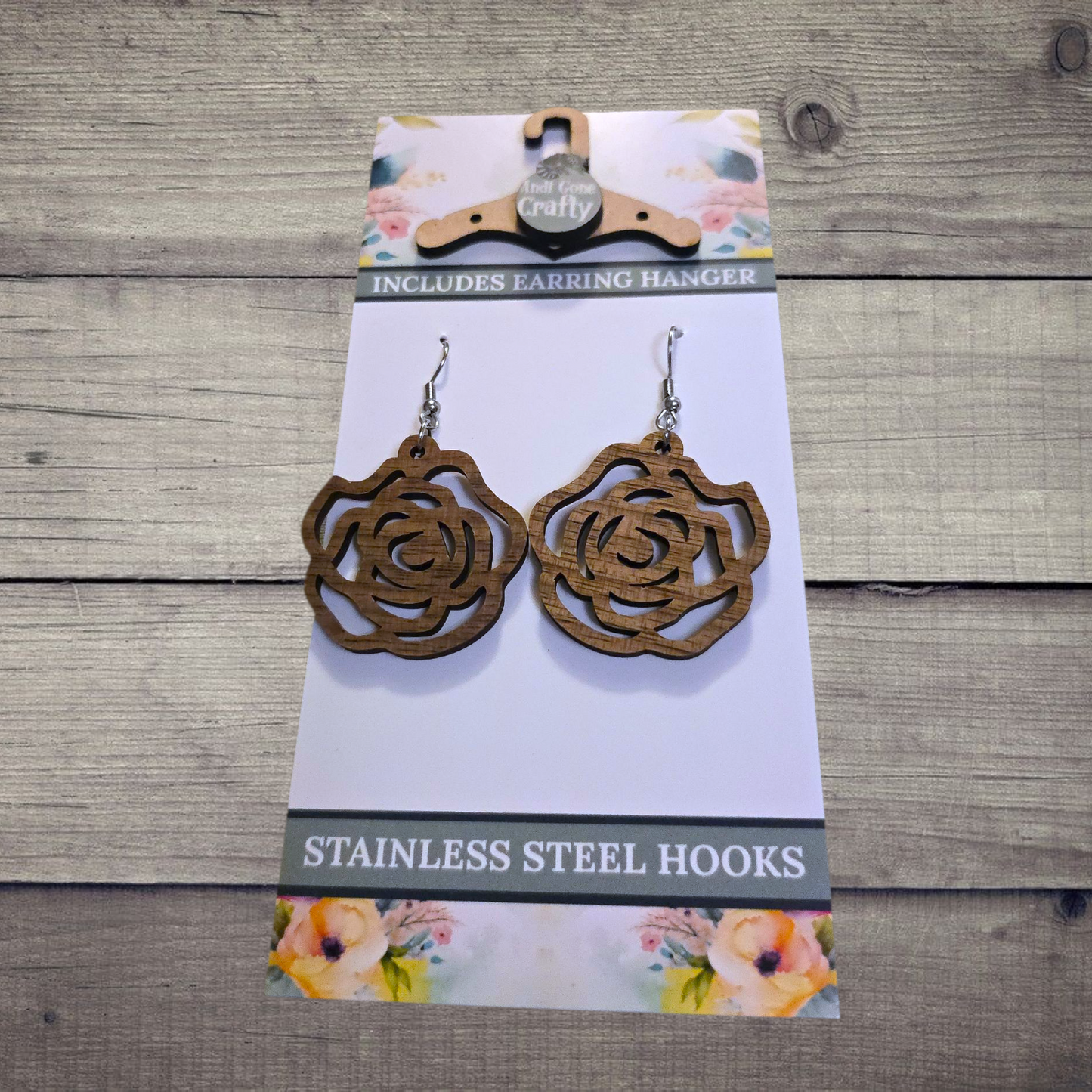 Flower - (Lightweight Wood and Stainless Steel Hooks) - Earring Number 300389