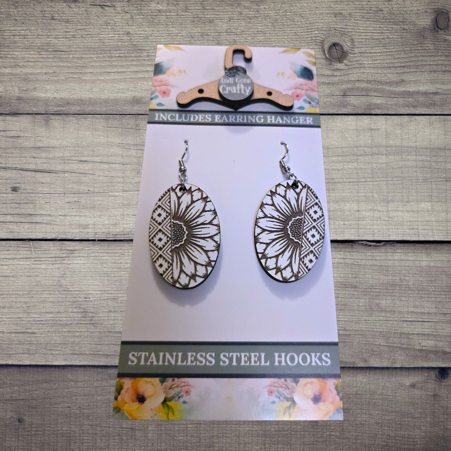Flower - (Lightweight Wood and Stainless Steel Hooks) - Earring Number 300392