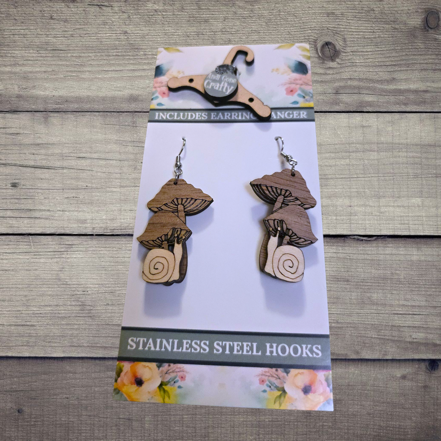 Snail Mushroom - (Lightweight Wood and Stainless Steel Hooks) - Earring Number 300347