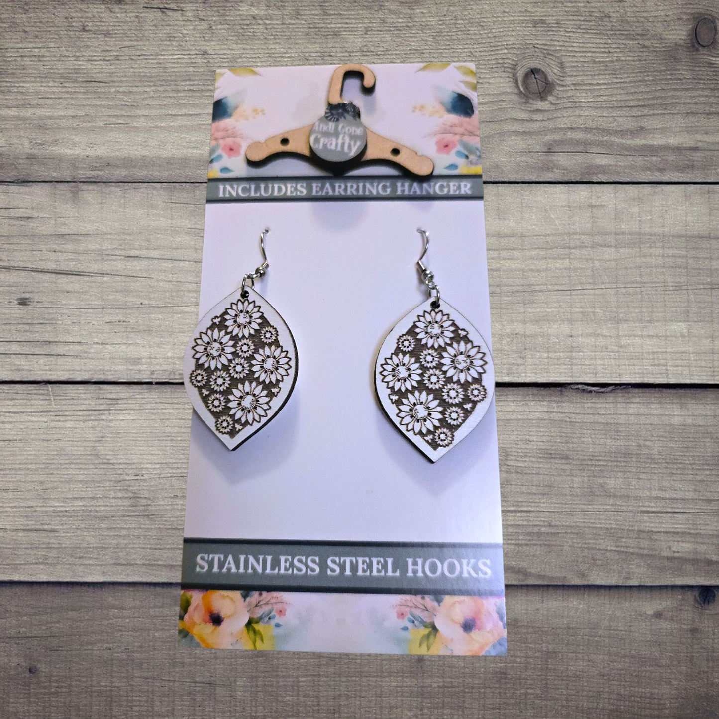 Flower - (Lightweight Wood and Stainless Steel Hooks) - Earring Number 300341