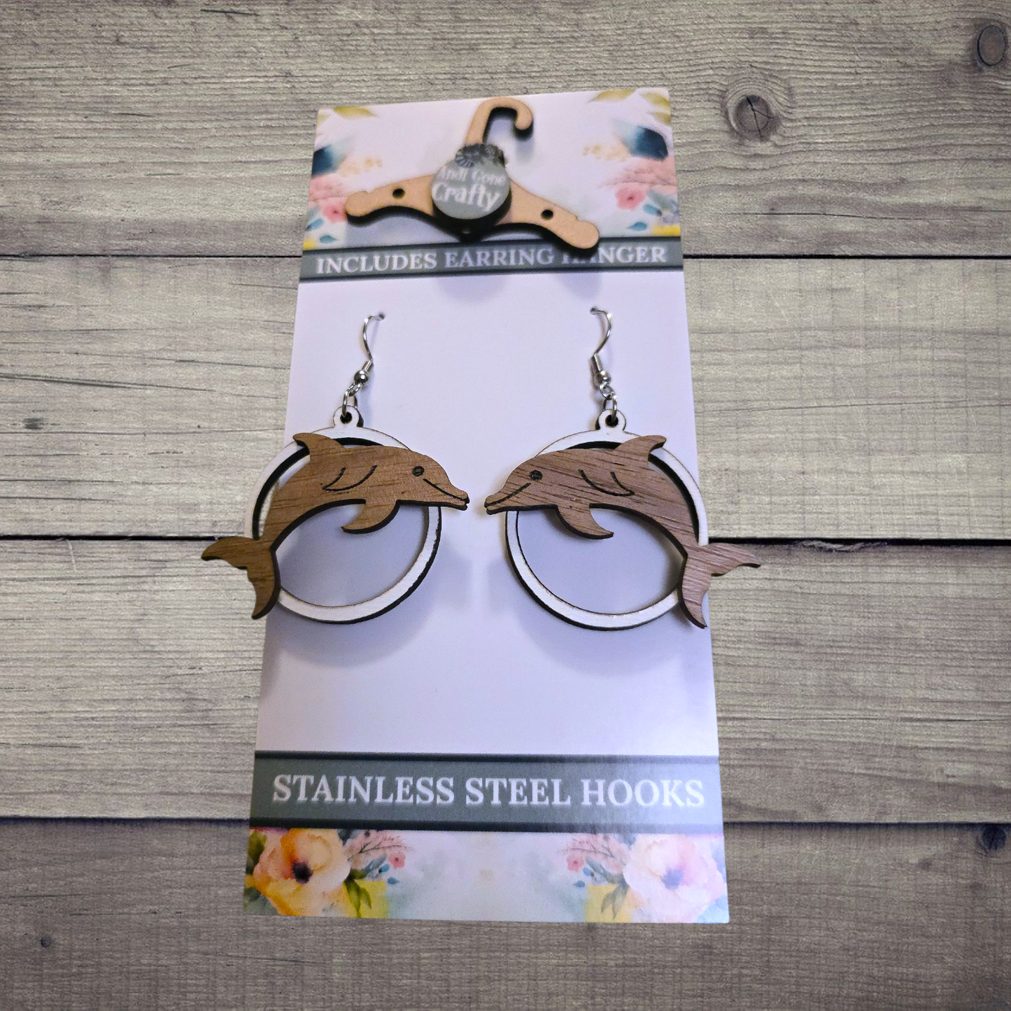 Dolphin - (Lightweight Wood and Stainless Steel Hooks) - Earring Number 300317