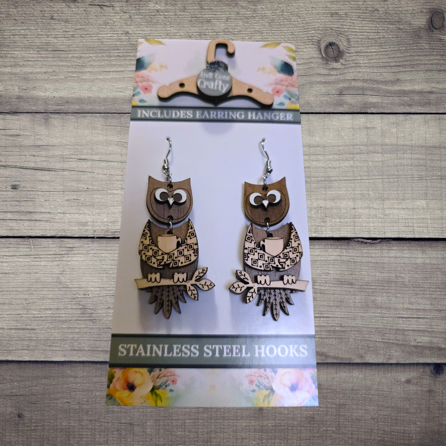 Owl - (Lightweight Wood and Stainless Steel Hooks) - Earring Number 300319