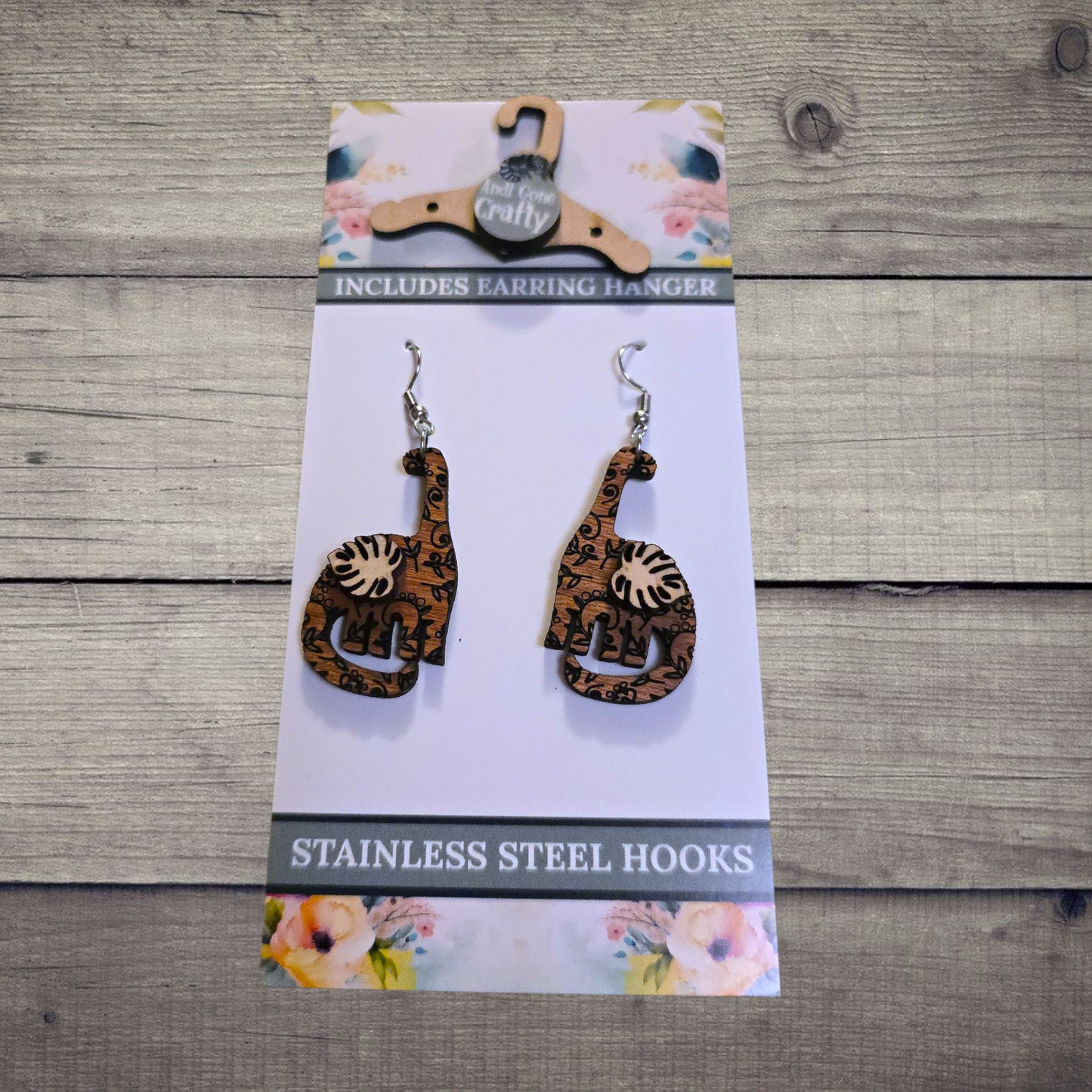 Dino - (Lightweight Wood and Stainless Steel Hooks) - Earring Number 300323