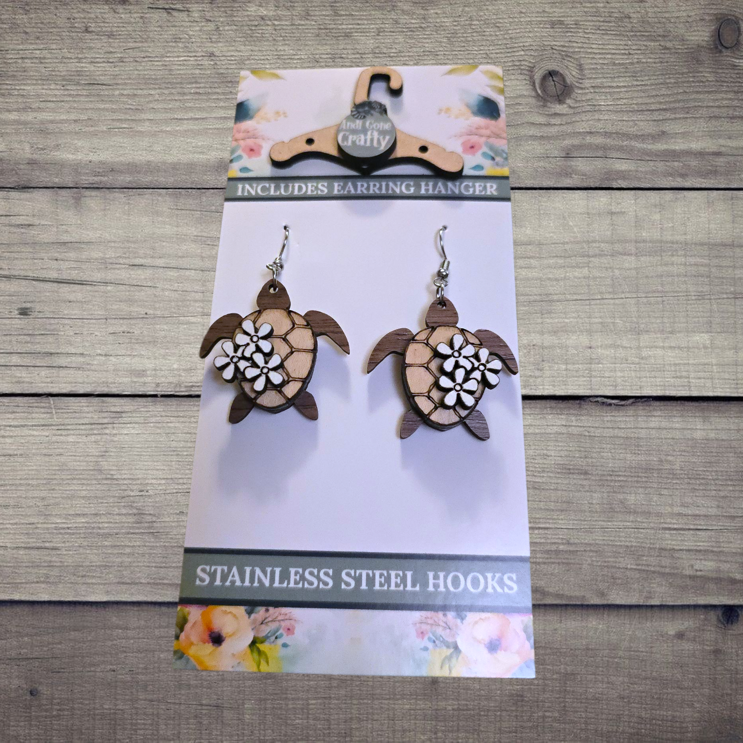 Sea Turtle - (Lightweight Wood and Stainless Steel Hooks) - Earring Number 300324