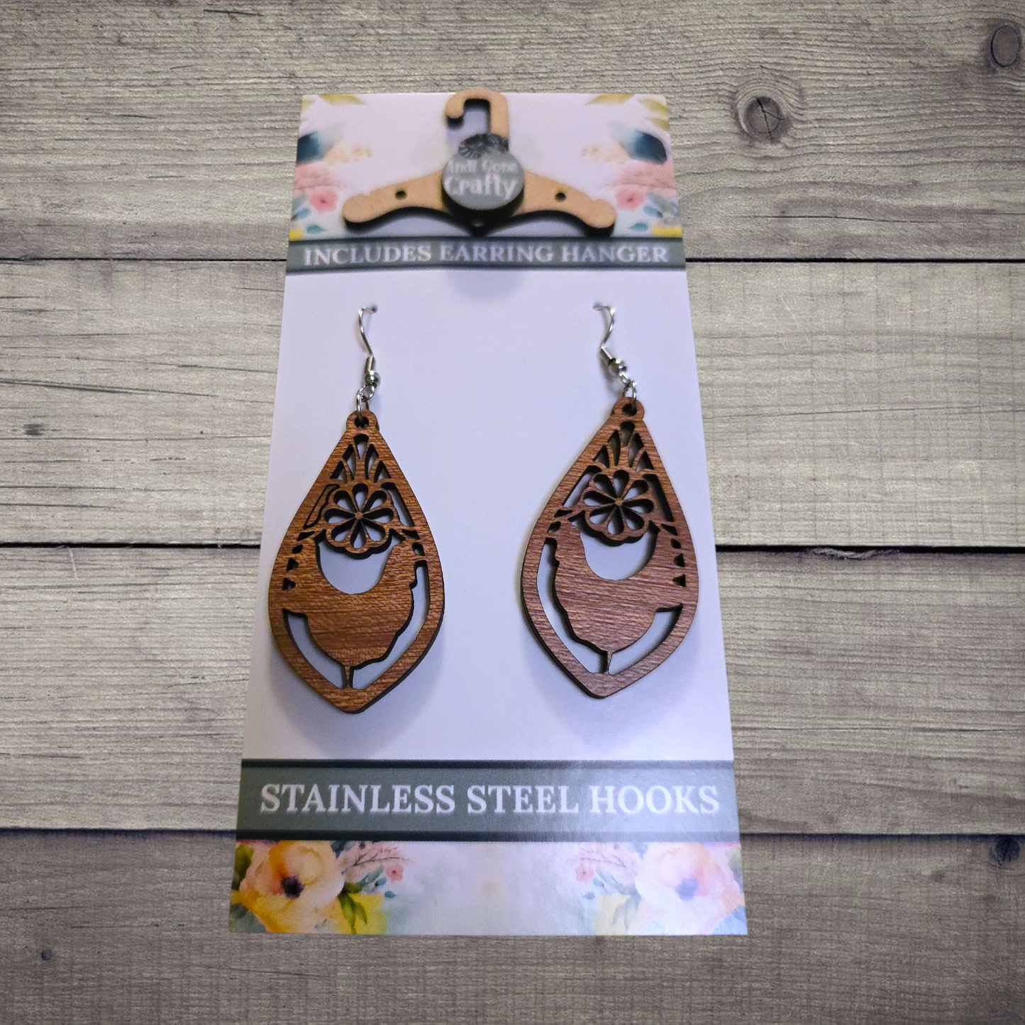 Chicken - (Lightweight Wood and Stainless Steel Hooks) - Earring Number 300327