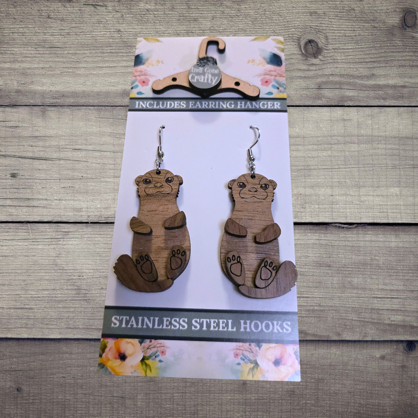 Otter - (Lightweight Wood and Stainless Steel Hooks) - Earring Number 300336