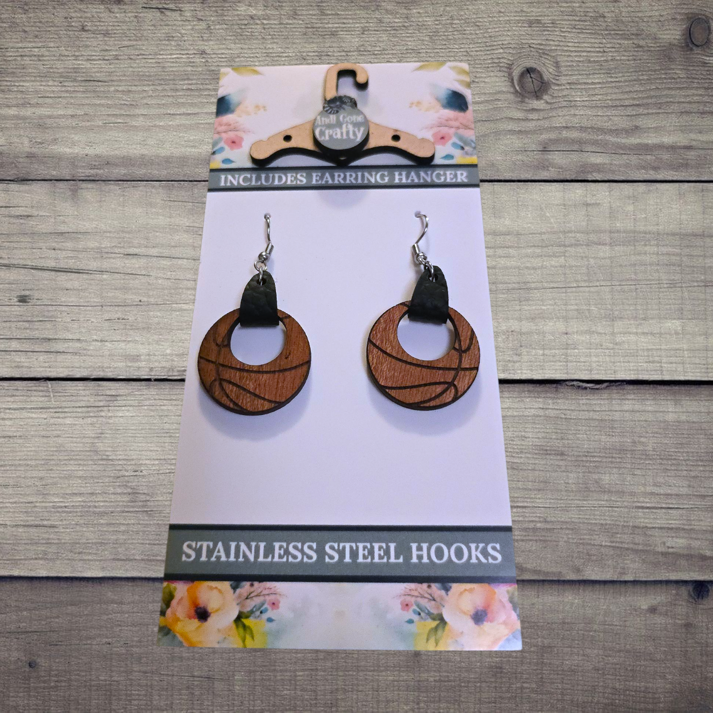 Basketball - (Lightweight Wood and Stainless Steel Hooks) - Earring Number 300300