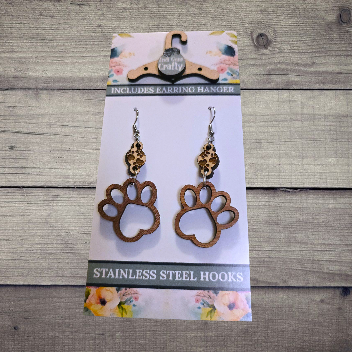 Paw - (Lightweight Wood and Stainless Steel Hooks) - Earring Number 300313