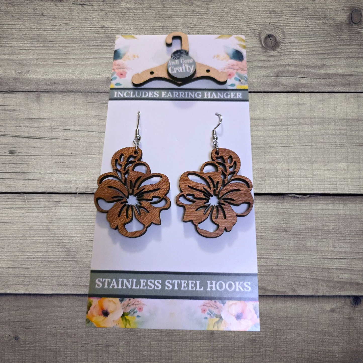 Flower - (Lightweight Wood and Stainless Steel Hooks) - Earring Number 300308